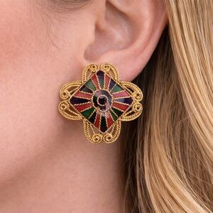 VTG Maltese Cross Earrings Gold Plated Enamel Filigree 1.5in Statement
